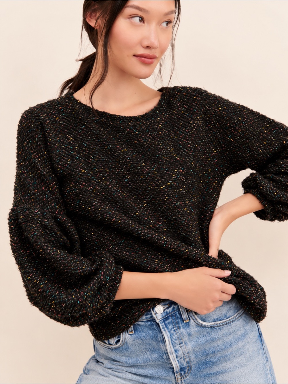 Anthropologie NWOT Blue Tassel Black Speckled Balloon Sleeve Crewneck Sweater